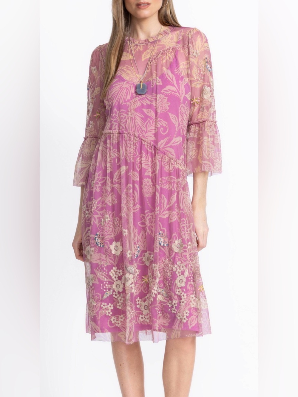 Johnny Was Mazzy Arching Ruffles Embroidered Mesh Dress